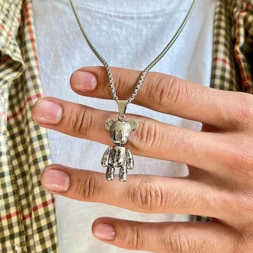 y2k grunge chrome silver bear peace pendant necklace